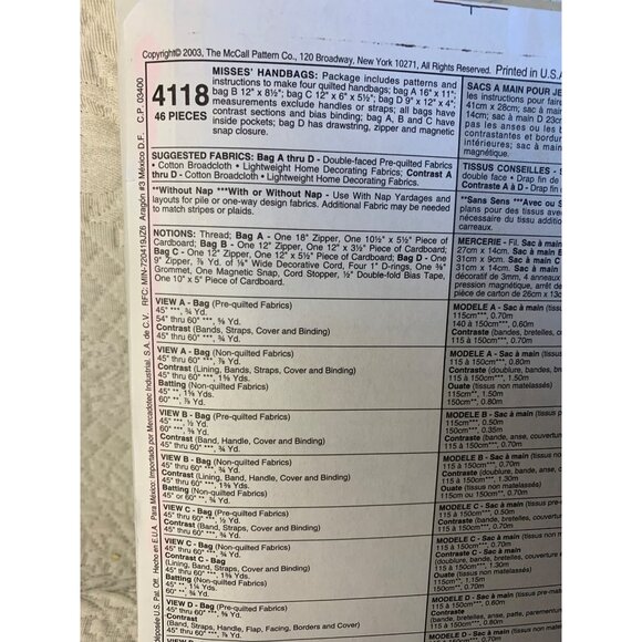 McCall's Misses Handbag Sewing Pattern 4118 - uncut - Picture 5 of 10